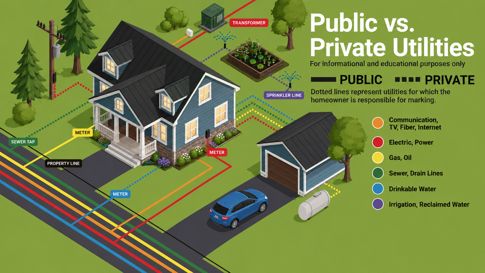 Diagram comparing public and private underground utilities at a residential property